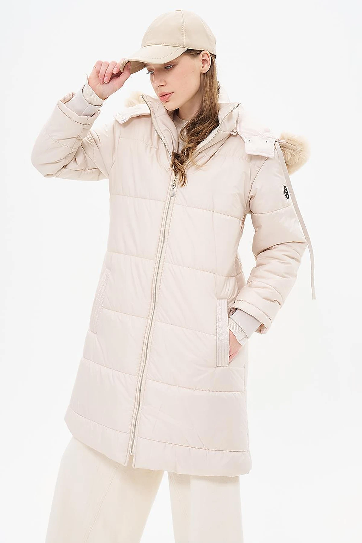 Quilted Anorak Coat with Faux Fur Detail Stone