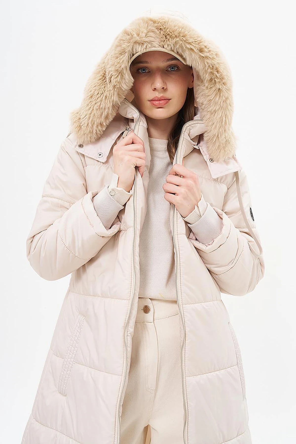 Quilted Anorak Coat with Faux Fur Detail Stone
