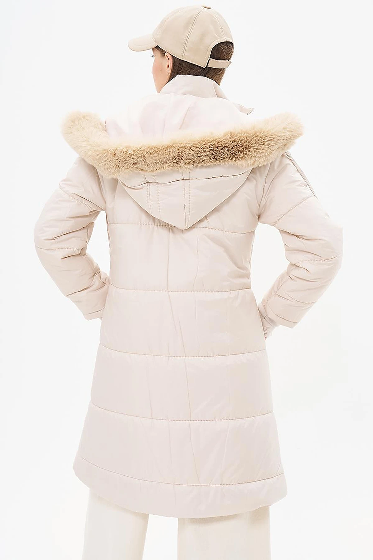 Quilted Anorak Coat with Faux Fur Detail Stone
