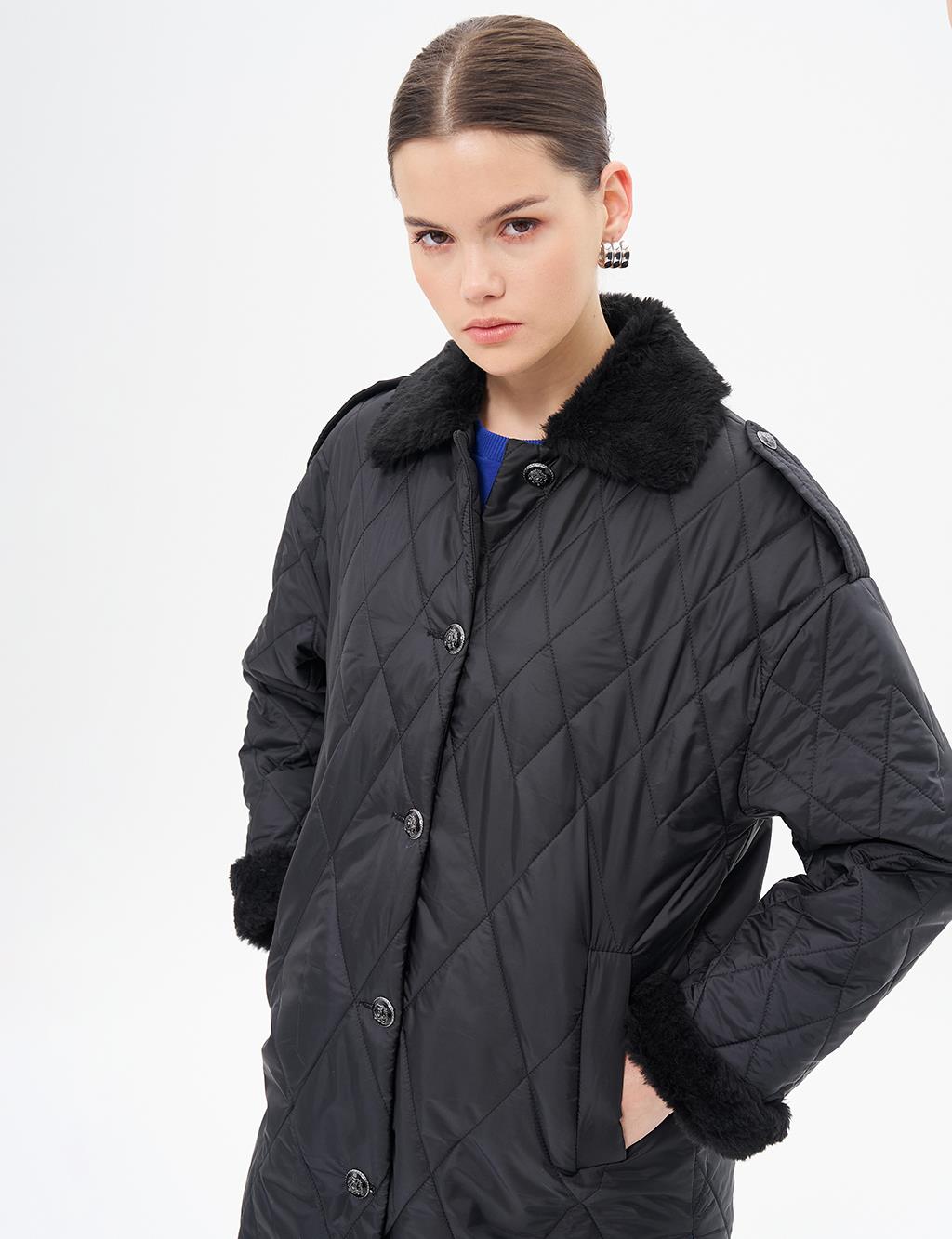 Epaulette Detailed Quilted Coat Black