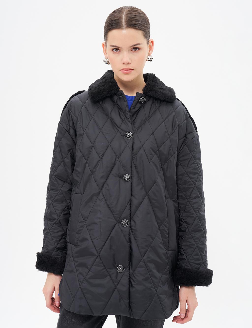 Epaulette Detailed Quilted Coat Black