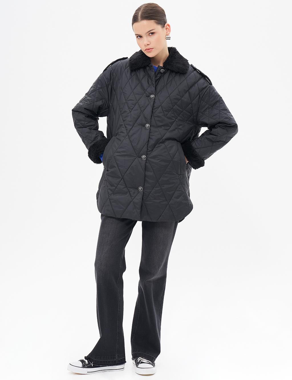 Epaulette Detailed Quilted Coat Black