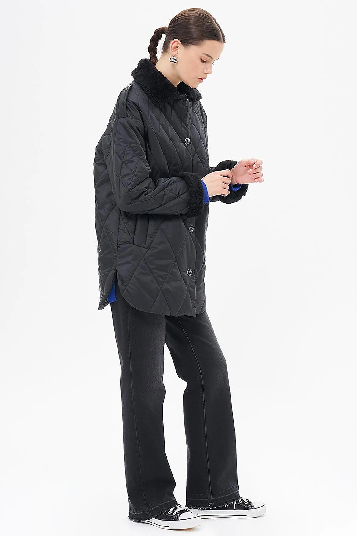 Epaulette Detailed Quilted Coat Black