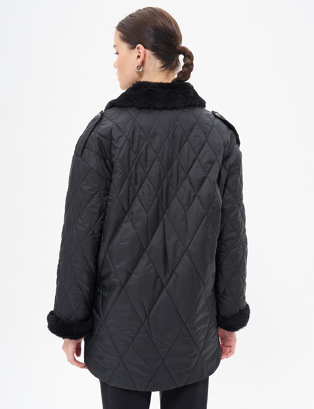 Epaulette Detailed Quilted Coat Black