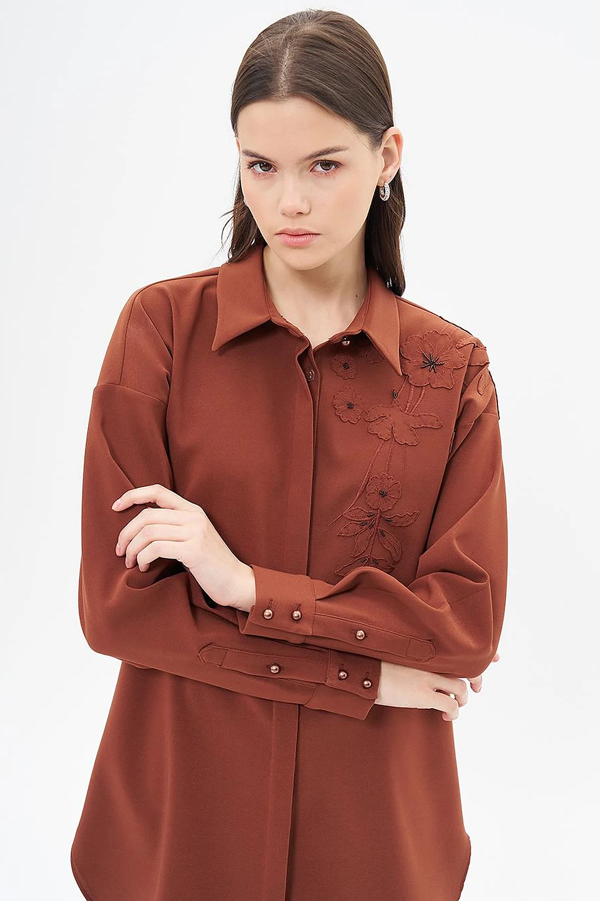 Embroidery Appliqued Shirt Collar Tunic Brown