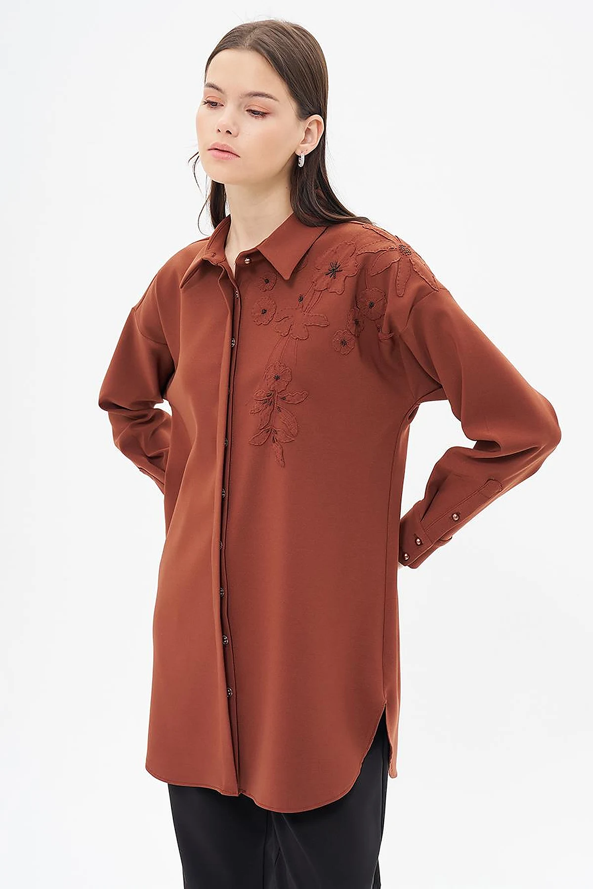 Embroidery Appliqued Shirt Collar Tunic Brown