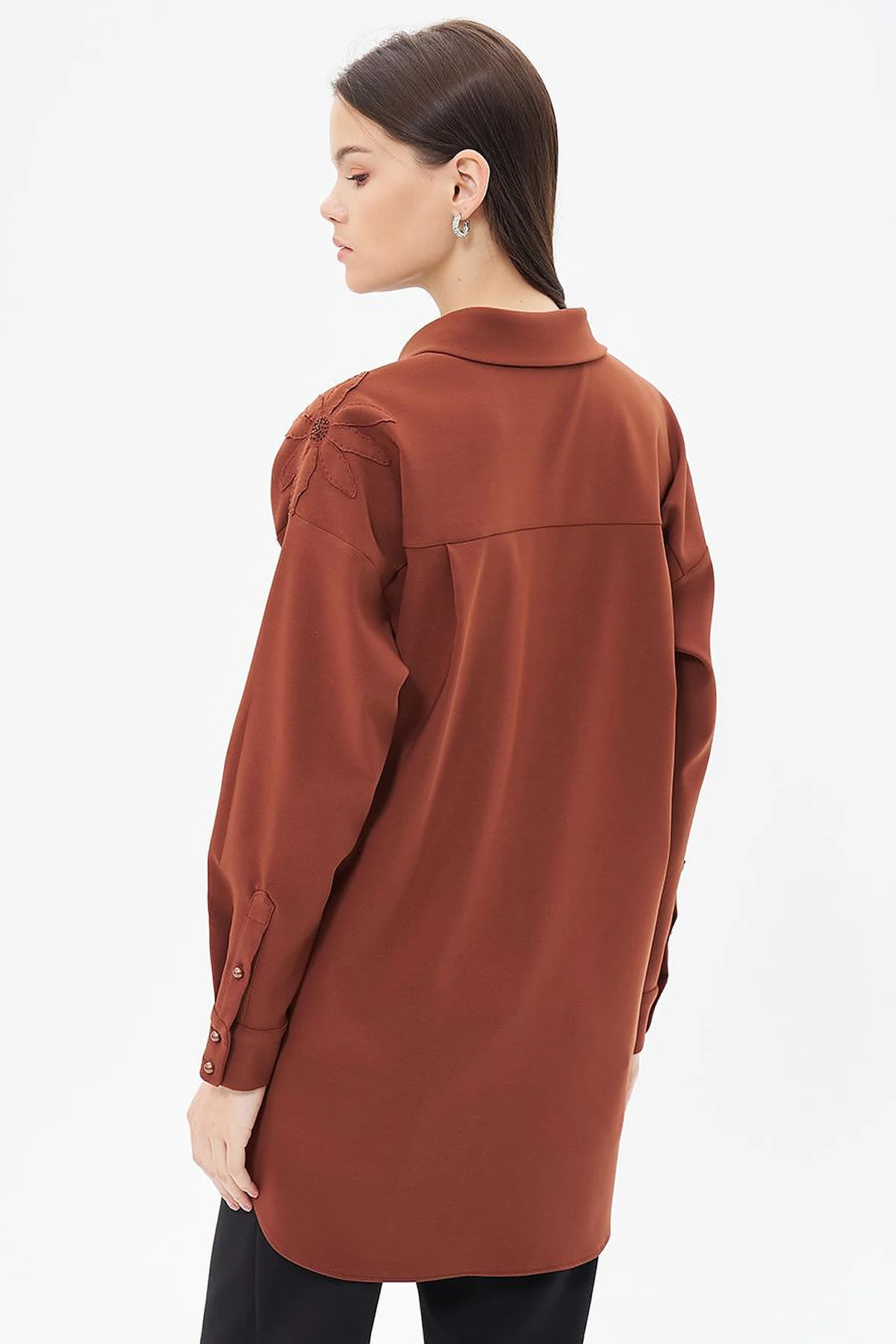 Embroidery Appliqued Shirt Collar Tunic Brown
