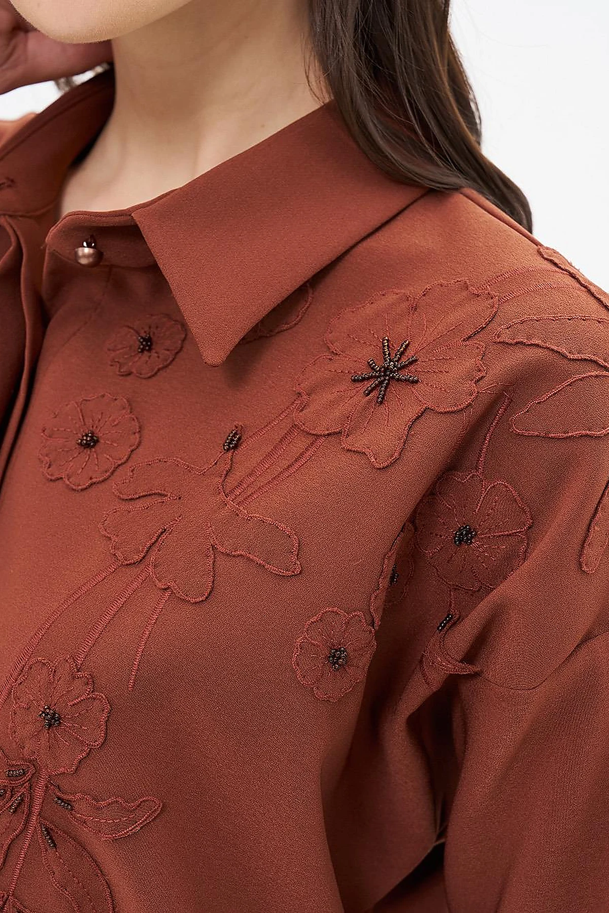 Embroidery Appliqued Shirt Collar Tunic Brown