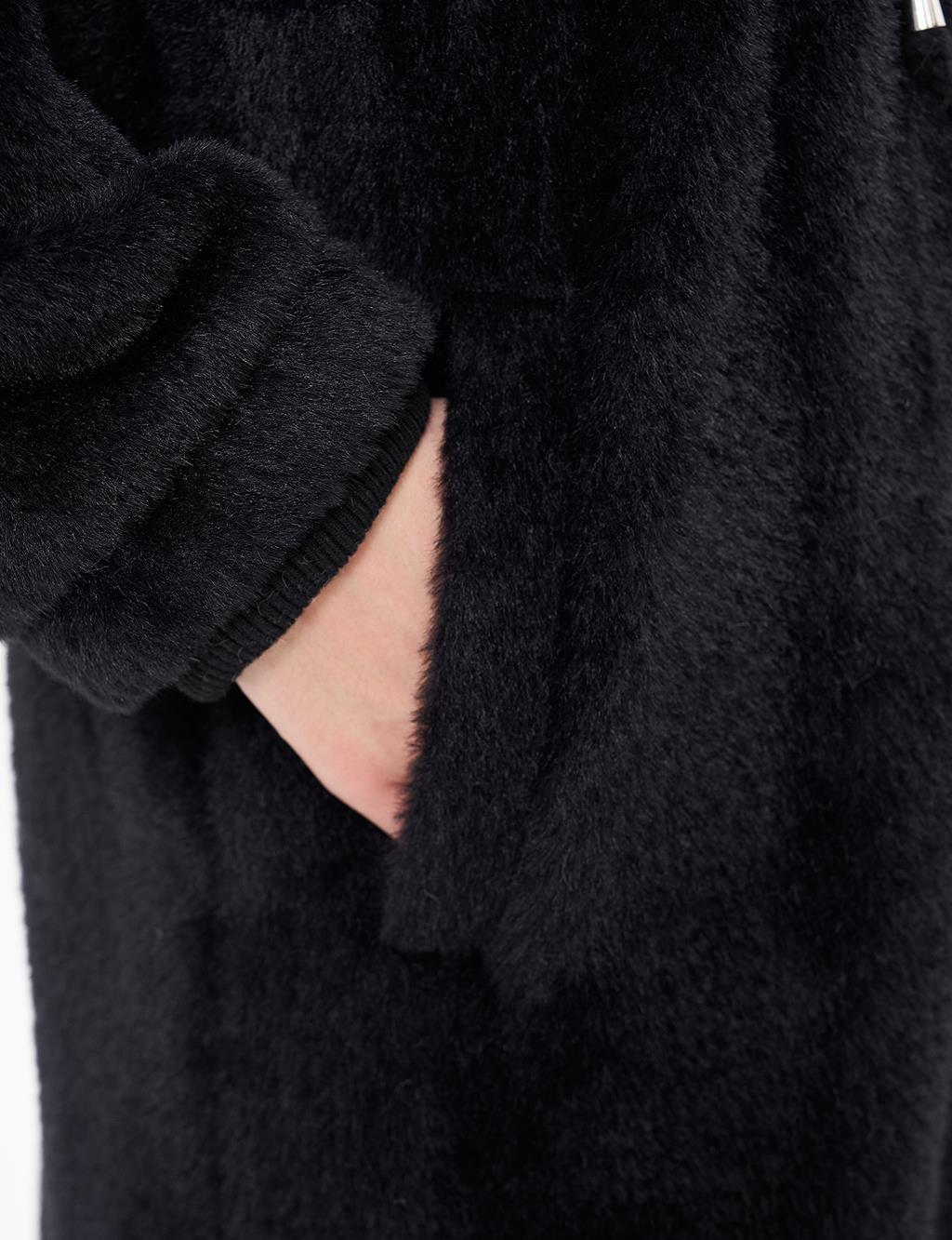 Waist Gathered High Collar Coat Black 