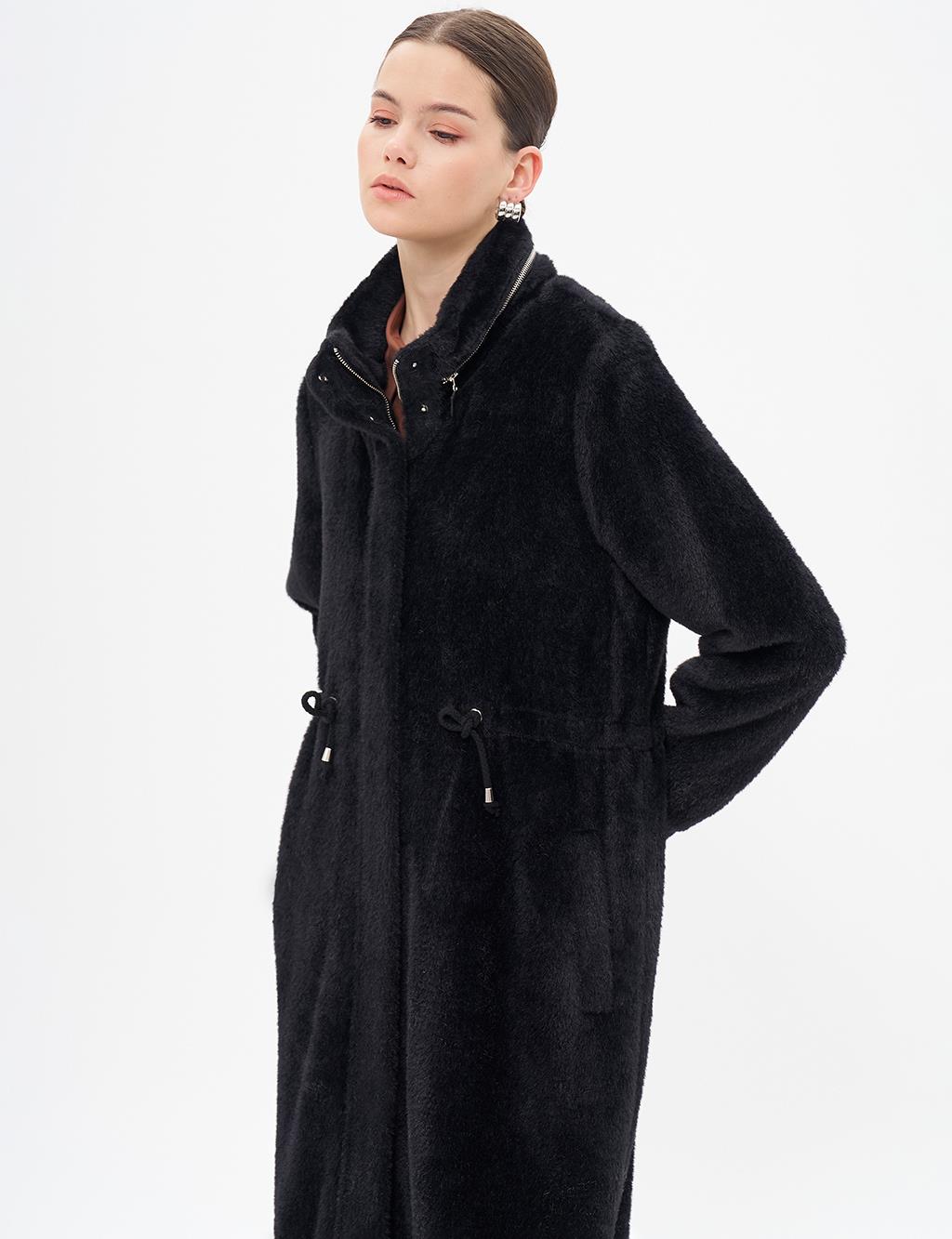 Waist Gathered High Collar Coat Black 