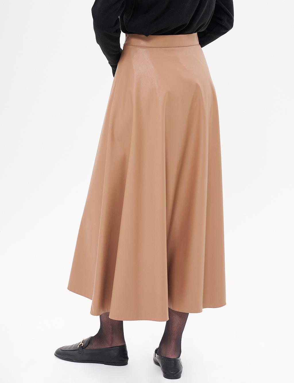 High Waist Faux Leather Skirt Beige