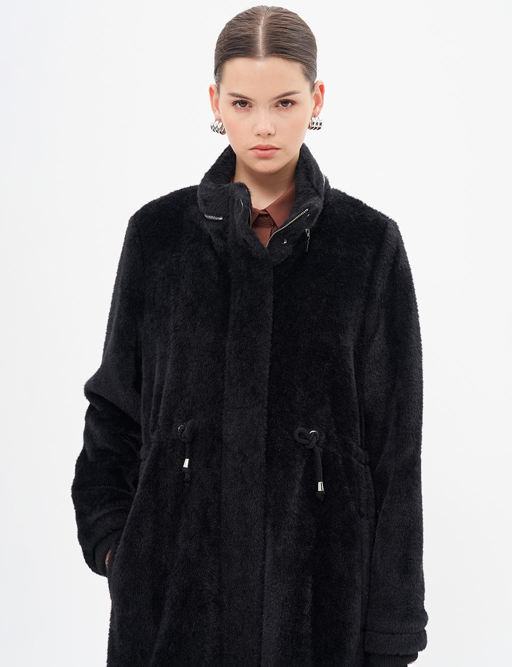 Waist Gathered High Collar Coat Black 