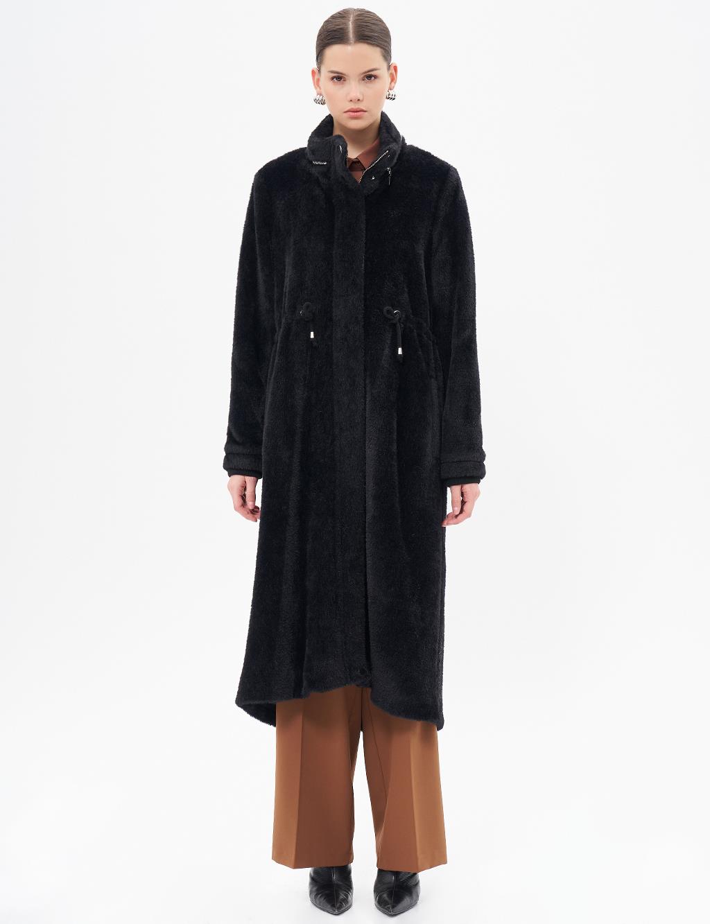 Waist Gathered High Collar Coat Black 