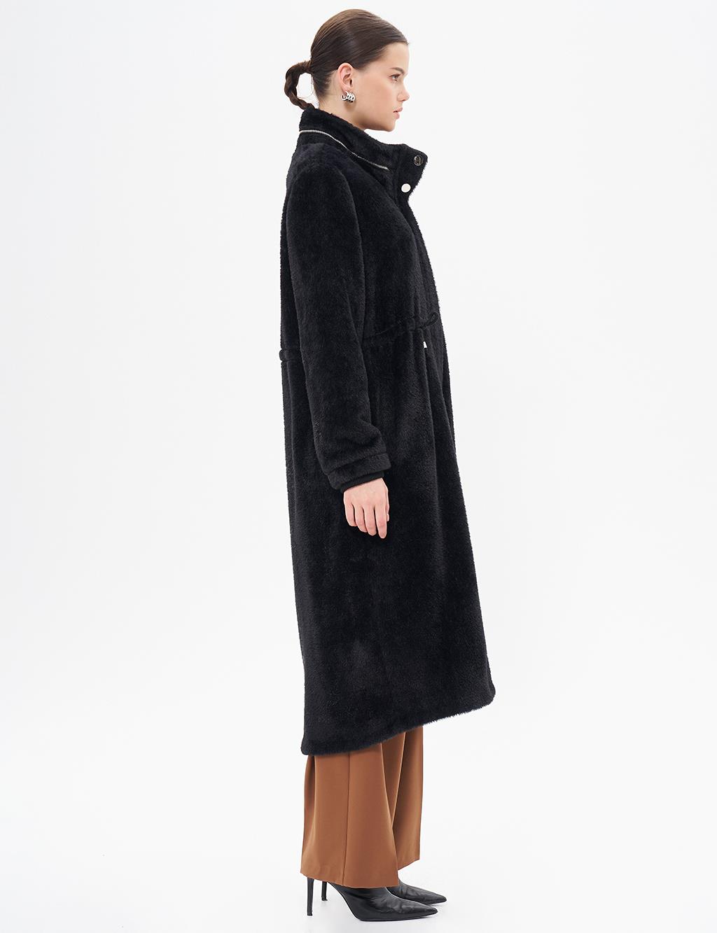 Waist Gathered High Collar Coat Black 