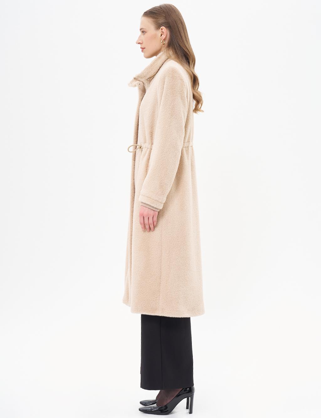 Waist Gathered High Collar Coat Cream 