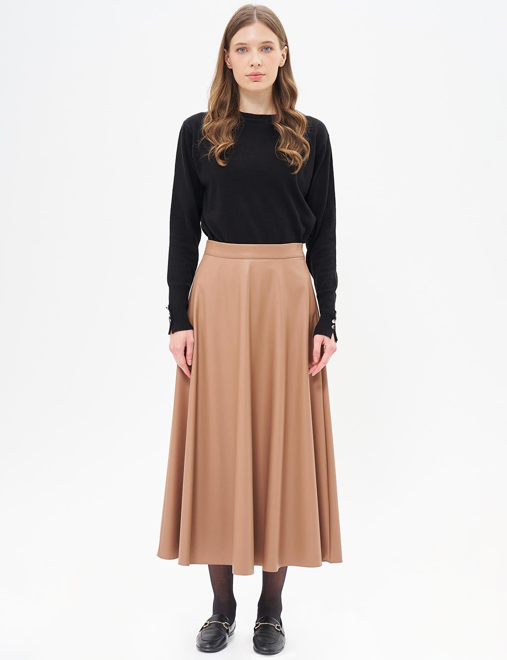 High Waist Faux Leather Skirt Beige