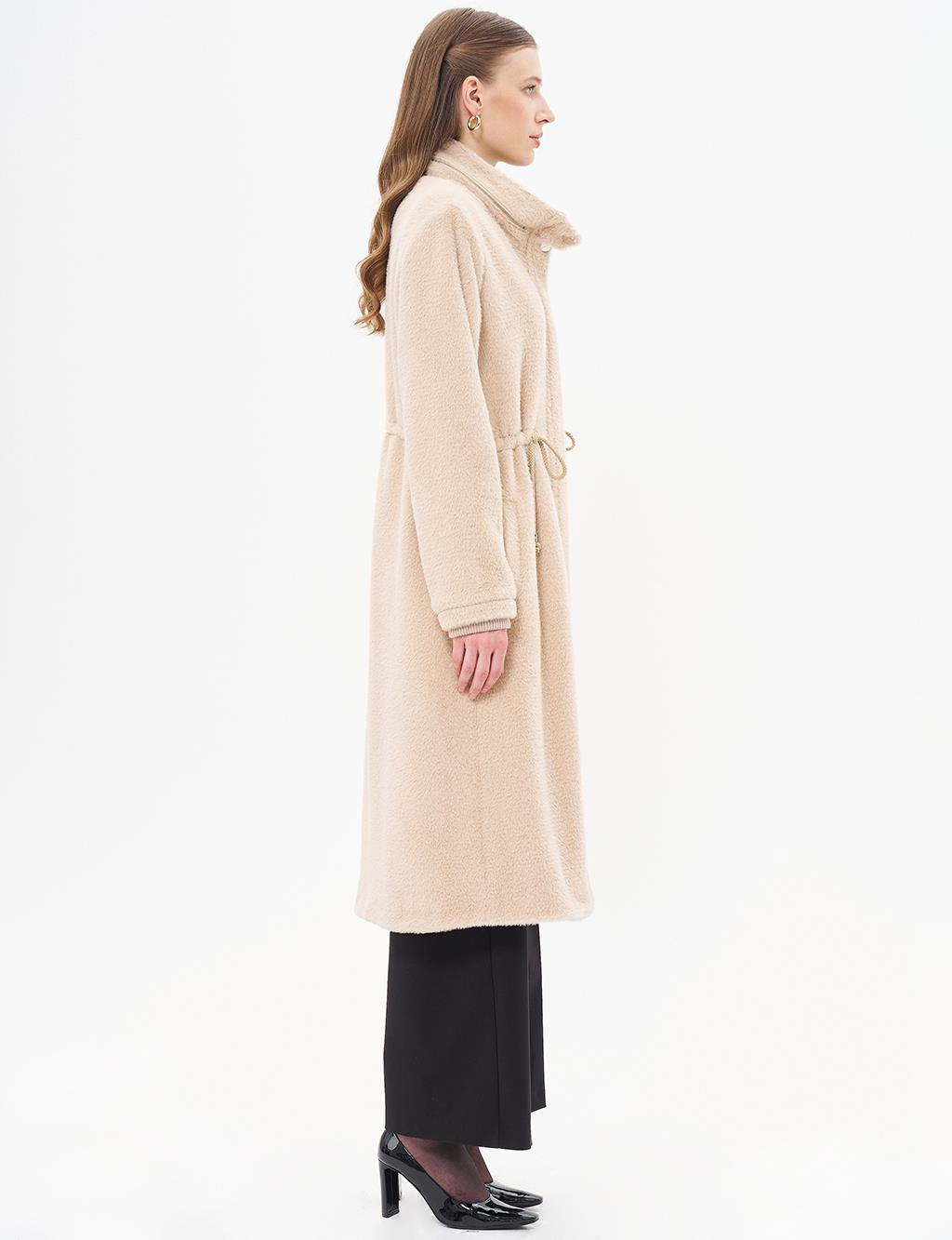 Waist Gathered High Collar Coat Cream 