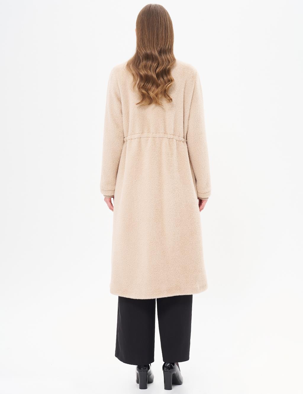 Waist Gathered High Collar Coat Cream 