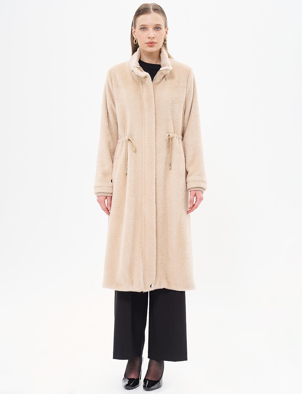 Waist Gathered High Collar Coat Cream 