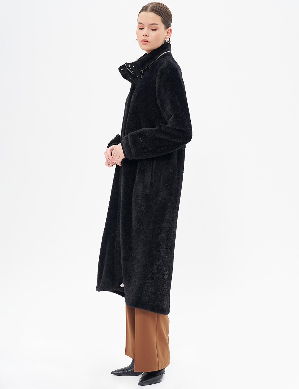 Waist Gathered High Collar Coat Black 