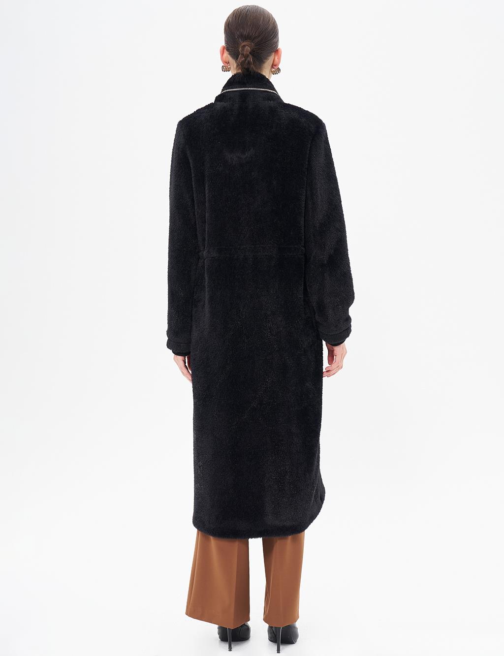 Waist Gathered High Collar Coat Black 