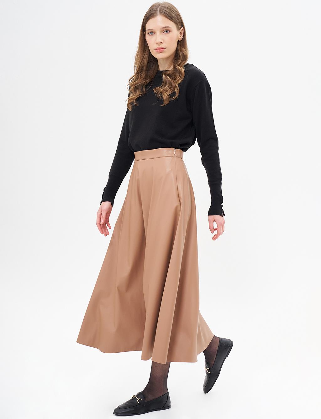 High Waist Faux Leather Skirt Beige