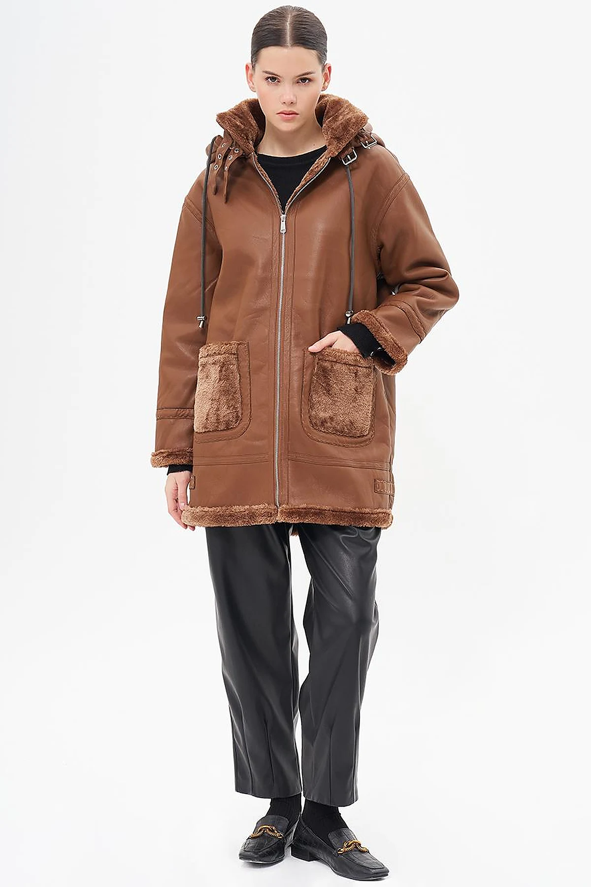 High Collar Faux Leather Coat Dark Camel 