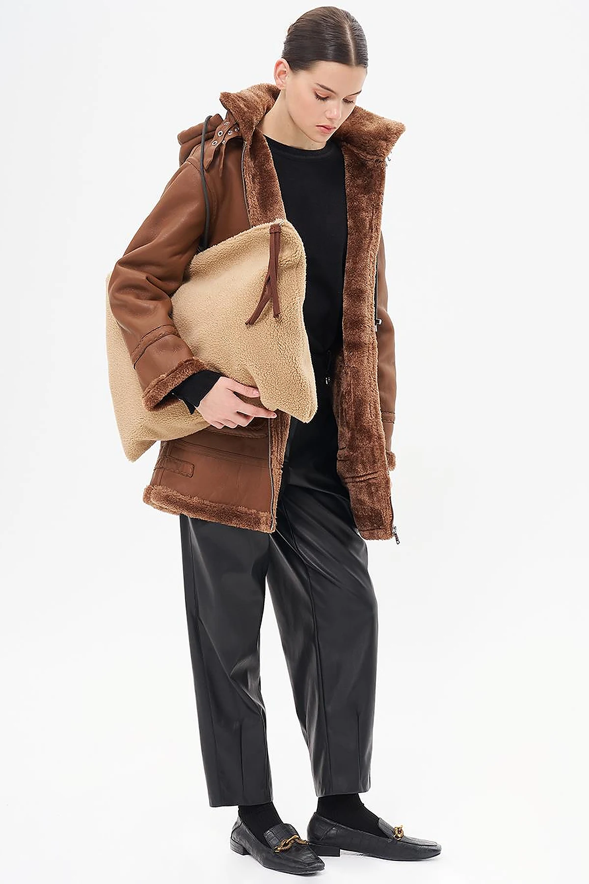 High Collar Faux Leather Coat Dark Camel 