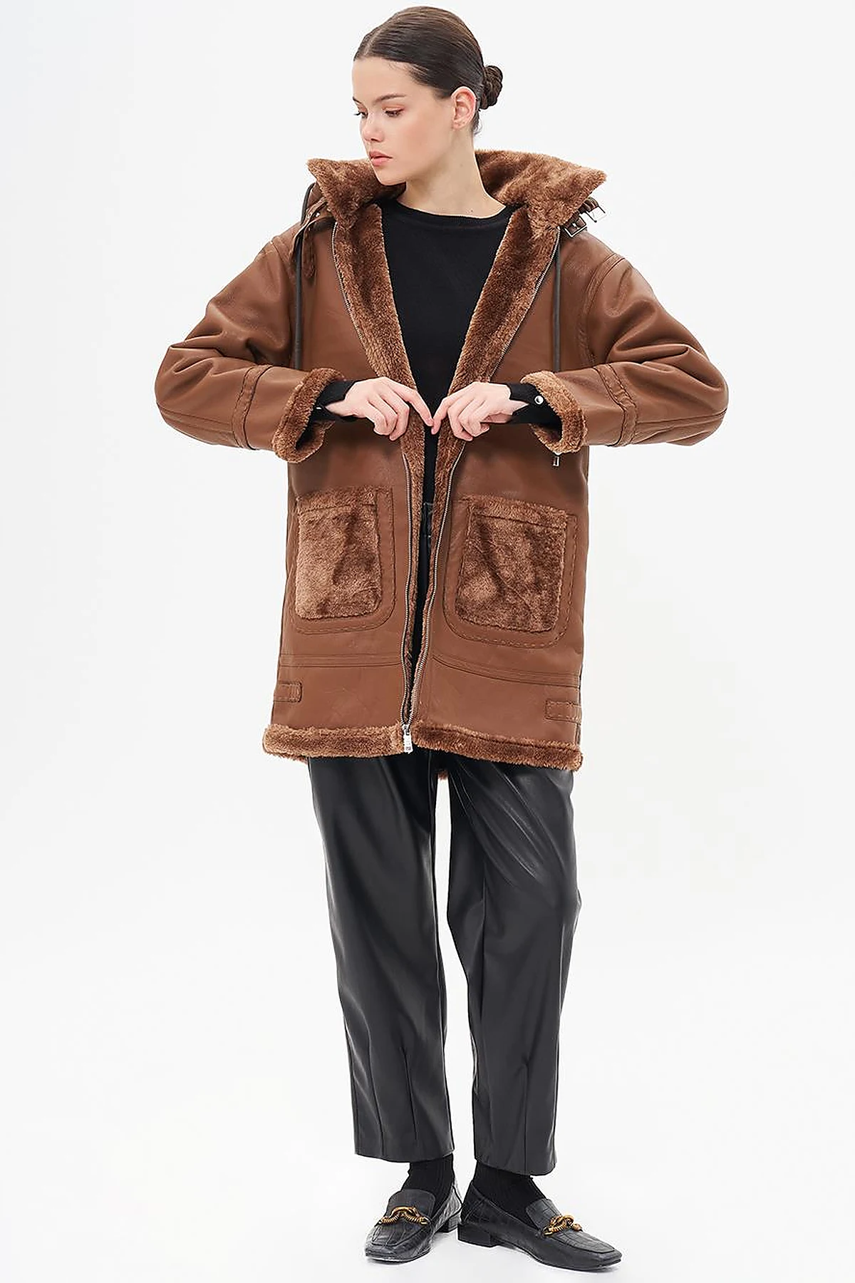 High Collar Faux Leather Coat Dark Camel 
