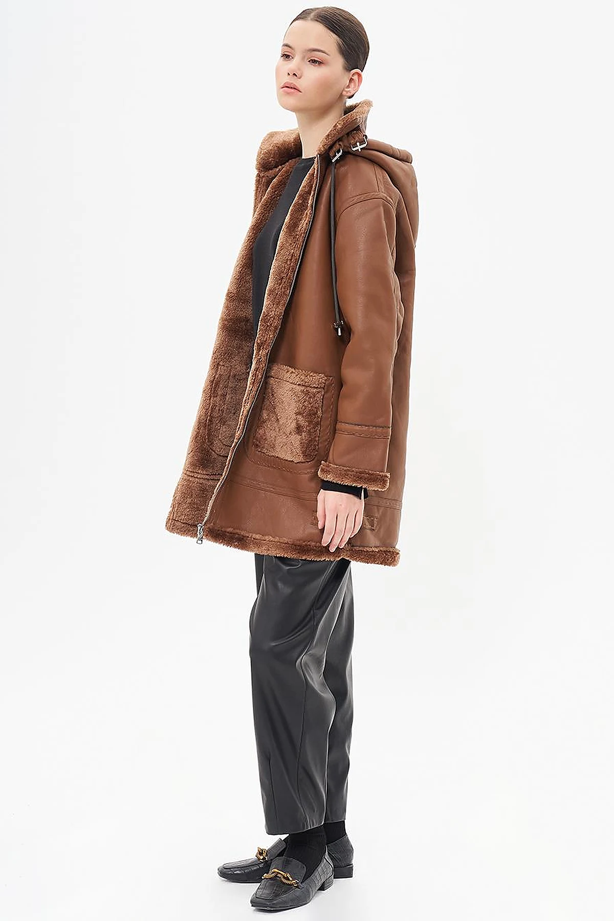High Collar Faux Leather Coat Dark Camel 