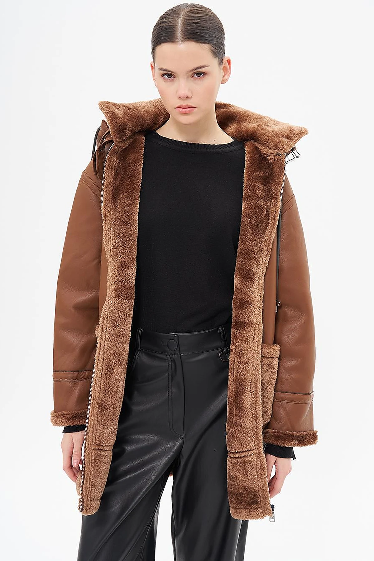 High Collar Faux Leather Coat Dark Camel 