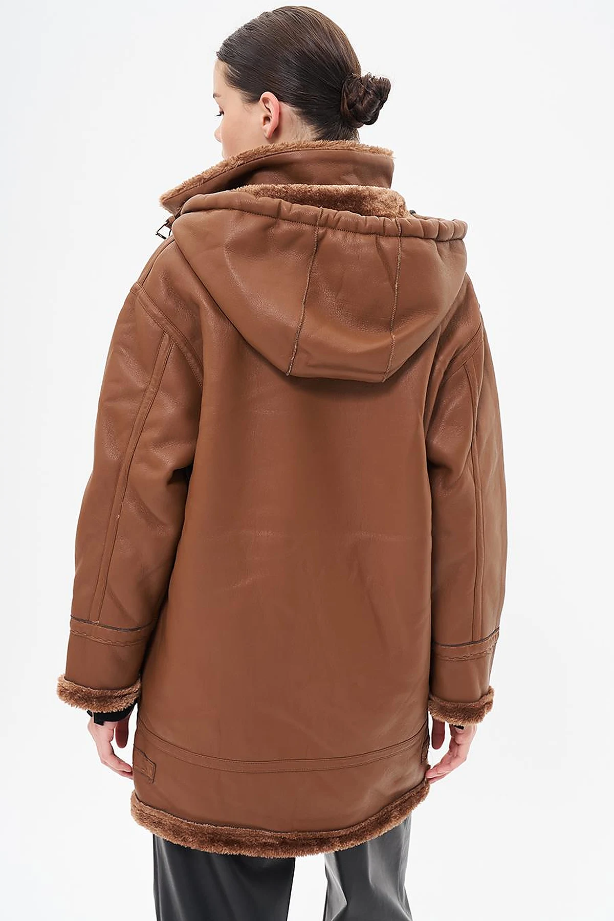 High Collar Faux Leather Coat Dark Camel 