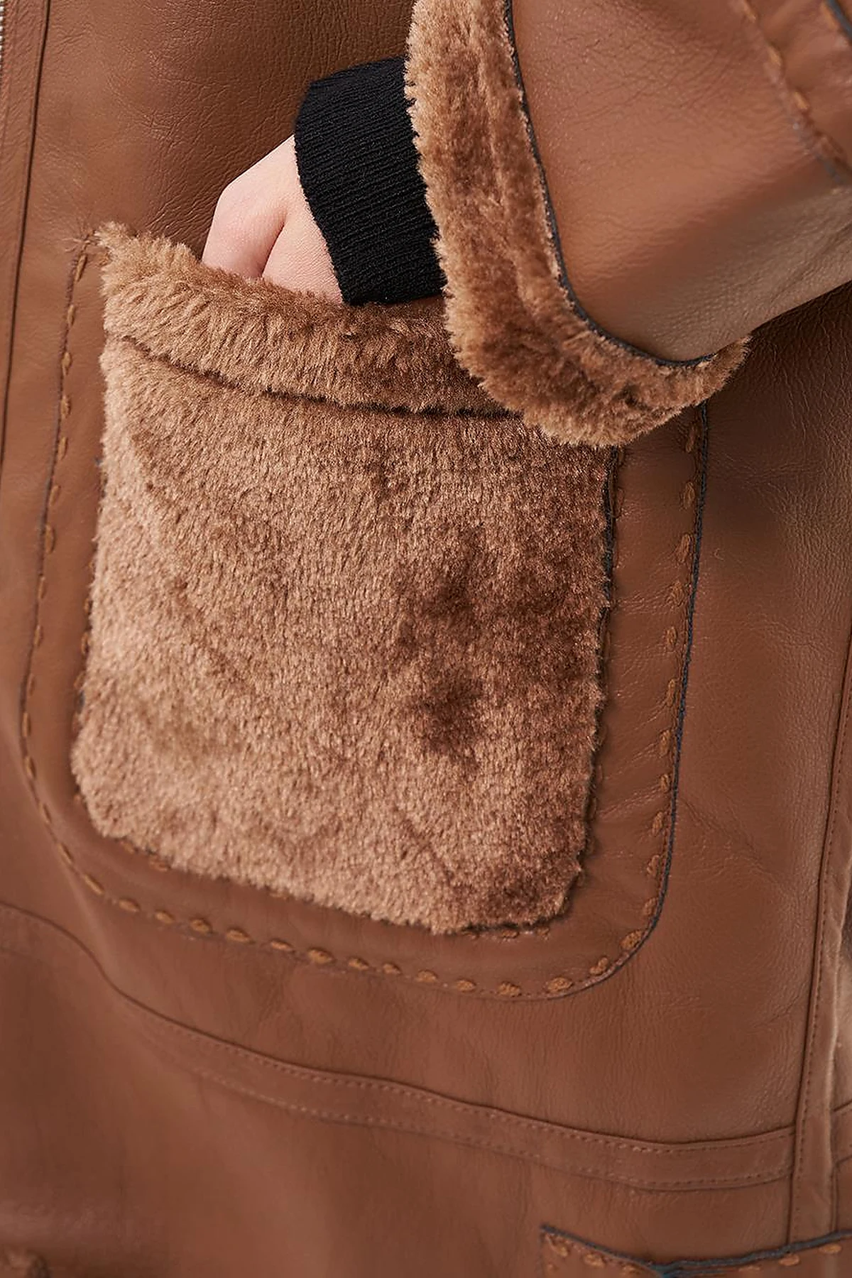 High Collar Faux Leather Coat Dark Camel 