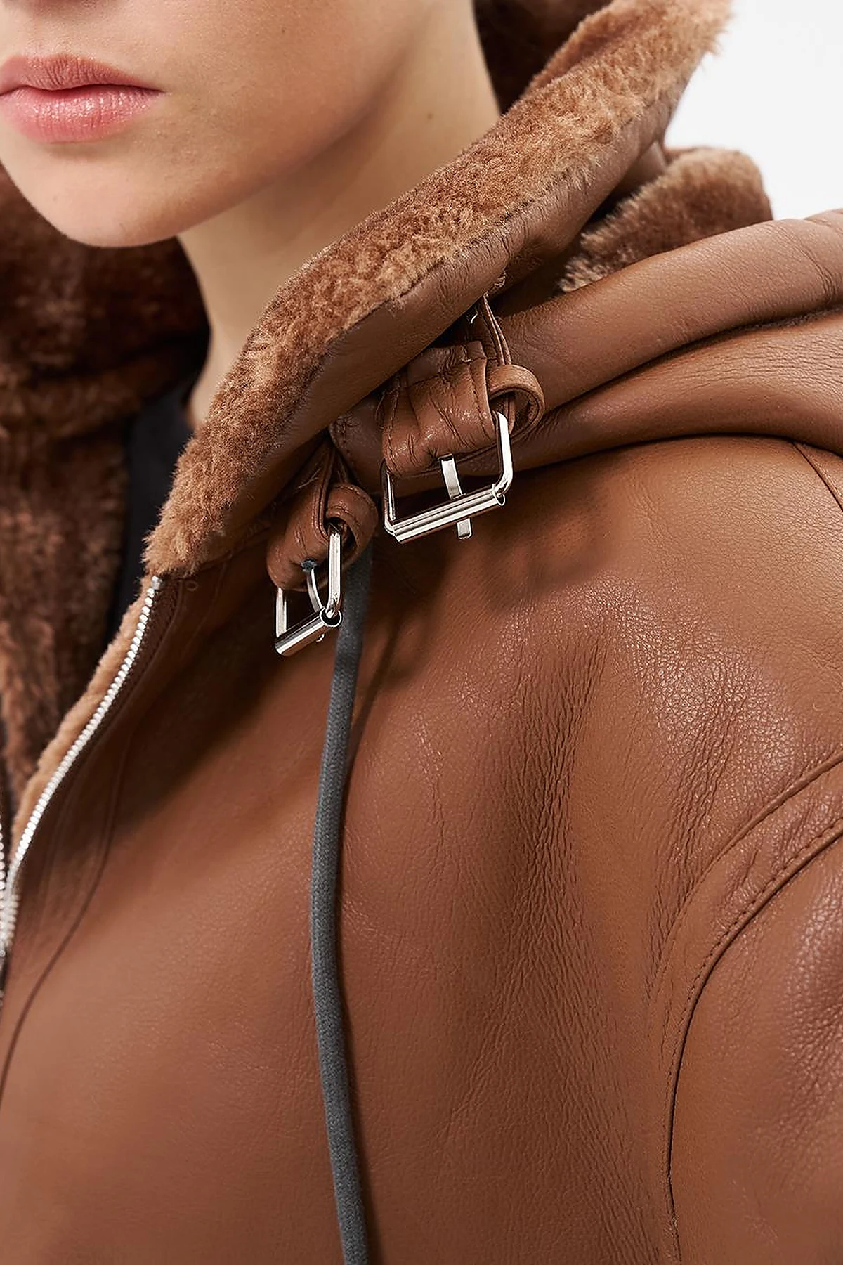 High Collar Faux Leather Coat Dark Camel 