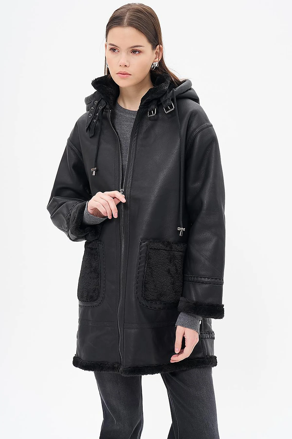High Collar Faux Leather Coat Black