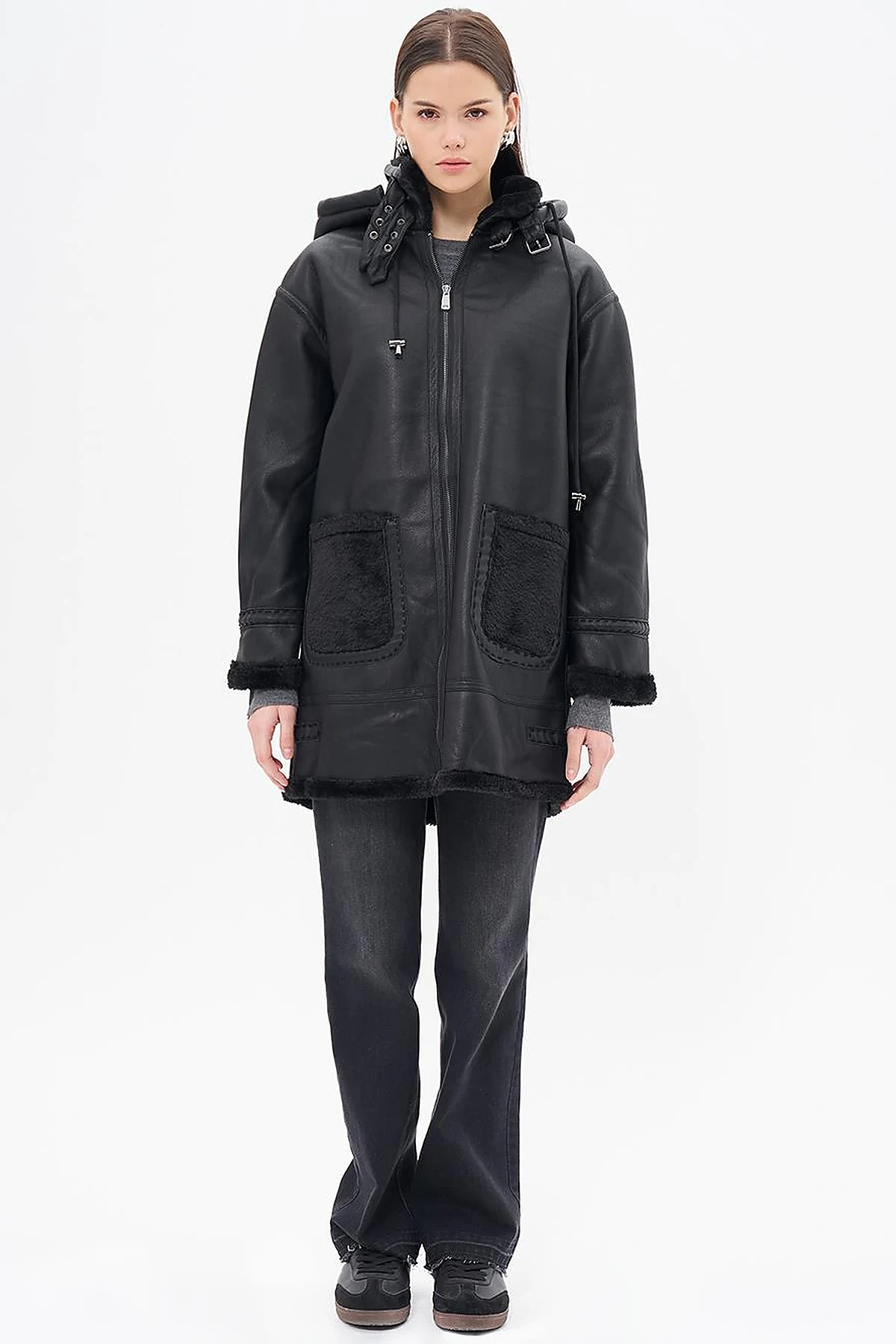 High Collar Faux Leather Coat Black