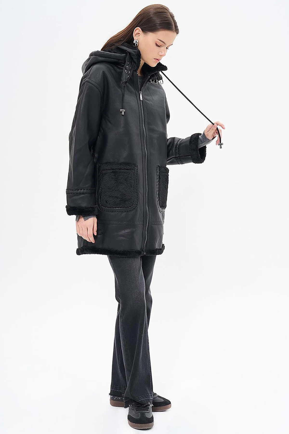 High Collar Faux Leather Coat Black