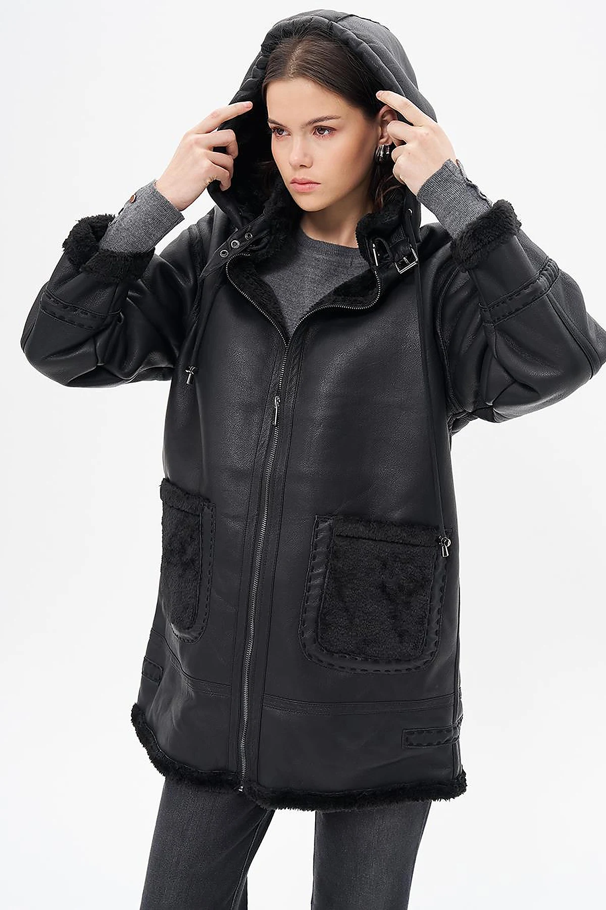 High Collar Faux Leather Coat Black