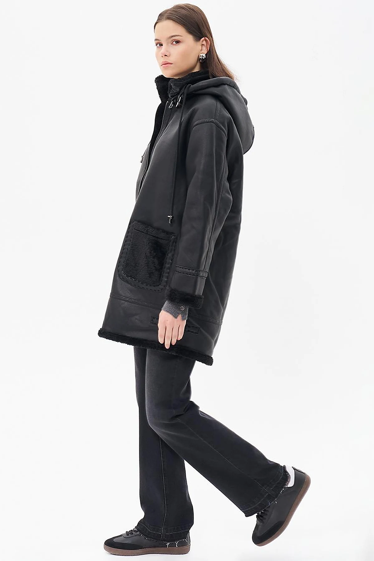 High Collar Faux Leather Coat Black