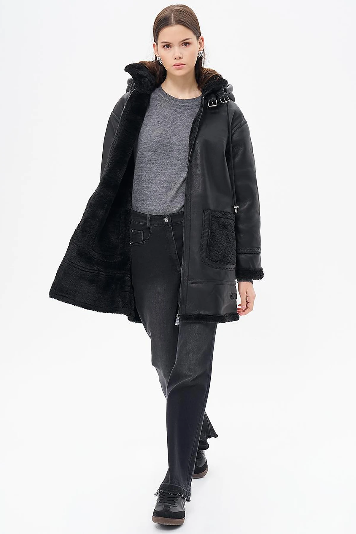 High Collar Faux Leather Coat Black