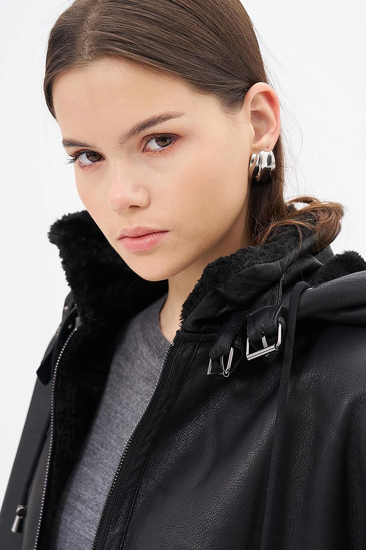 High Collar Faux Leather Coat Black