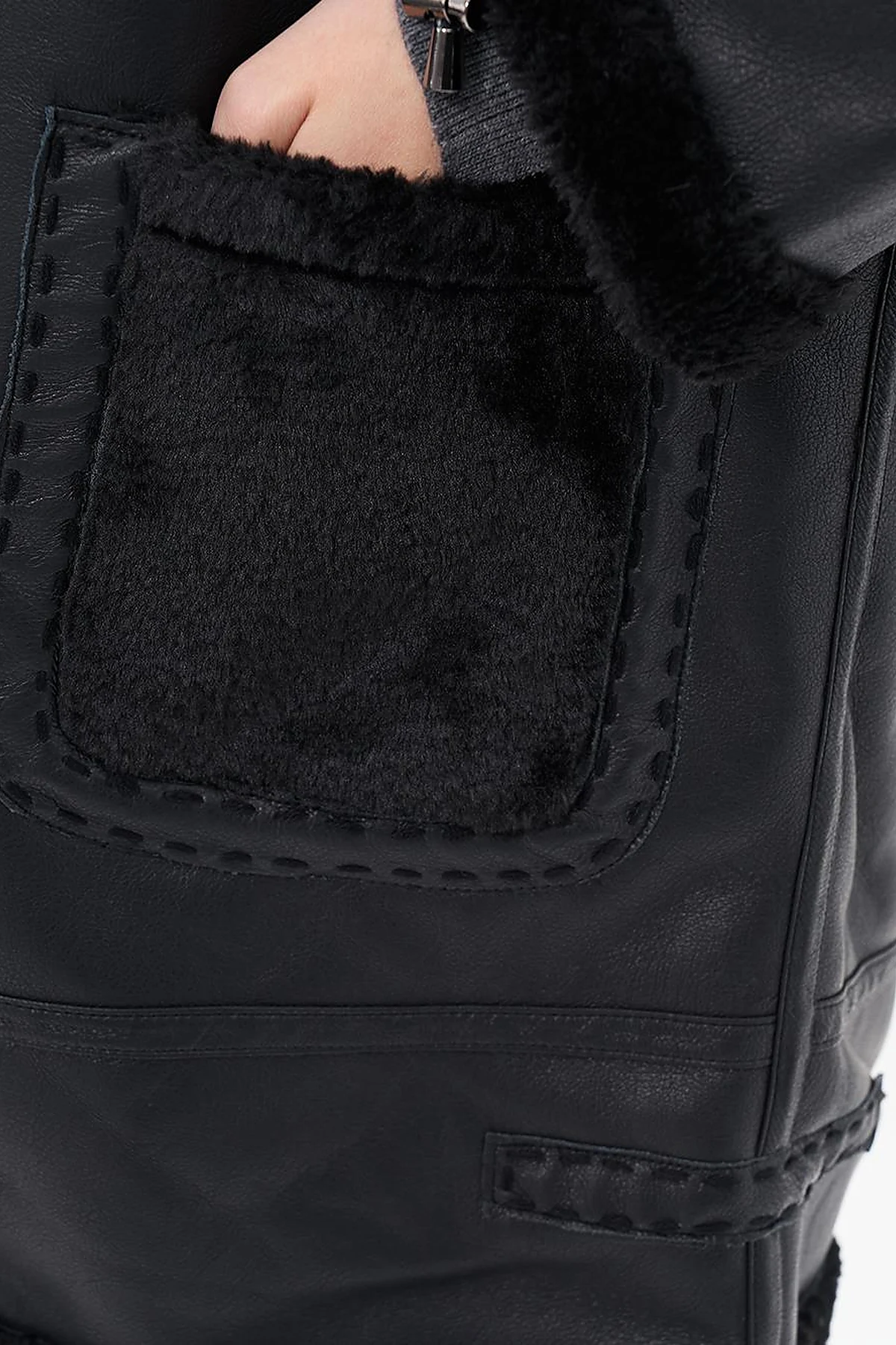 High Collar Faux Leather Coat Black