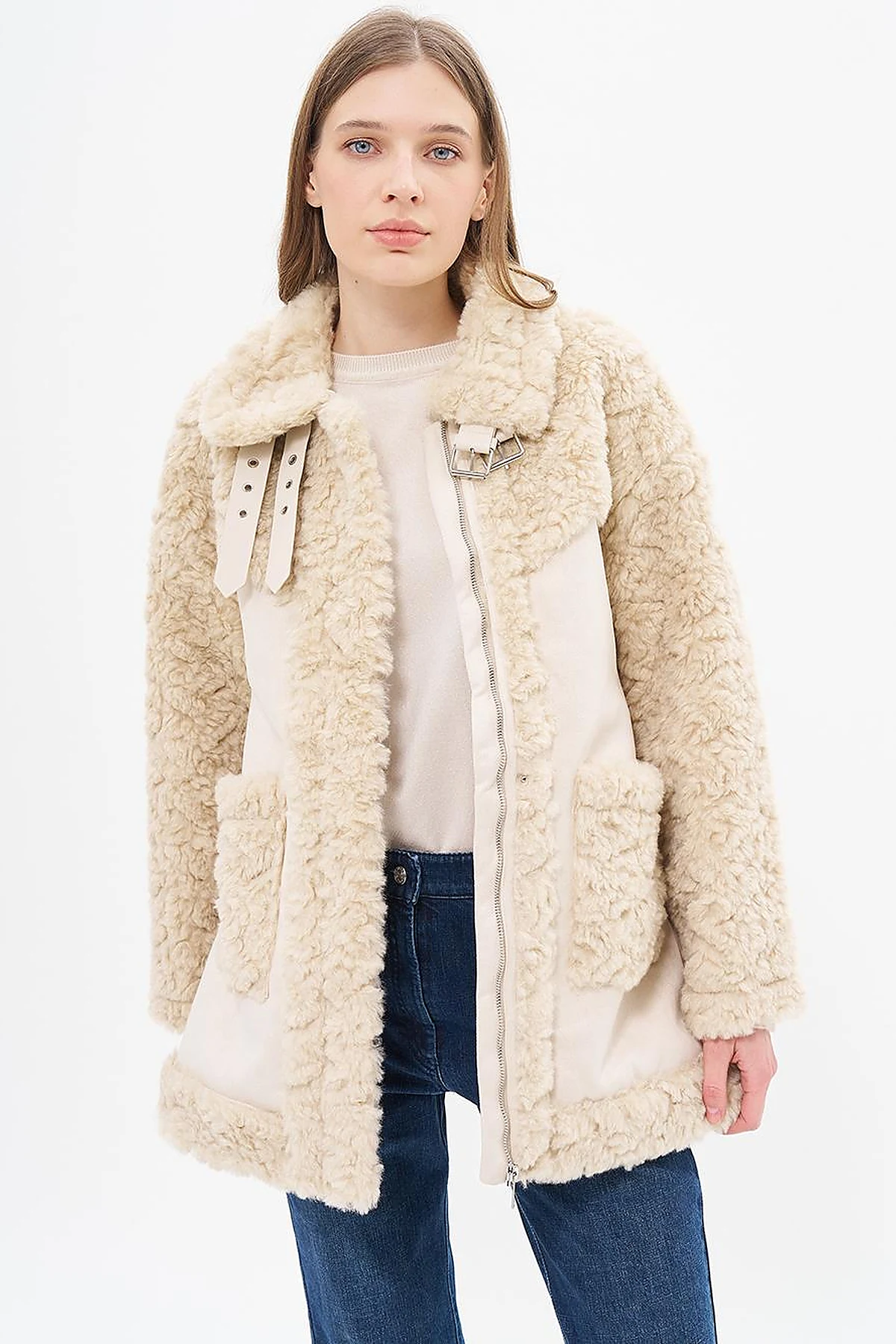 Stand-up Collar Bag Pocket Plush Coat Beige