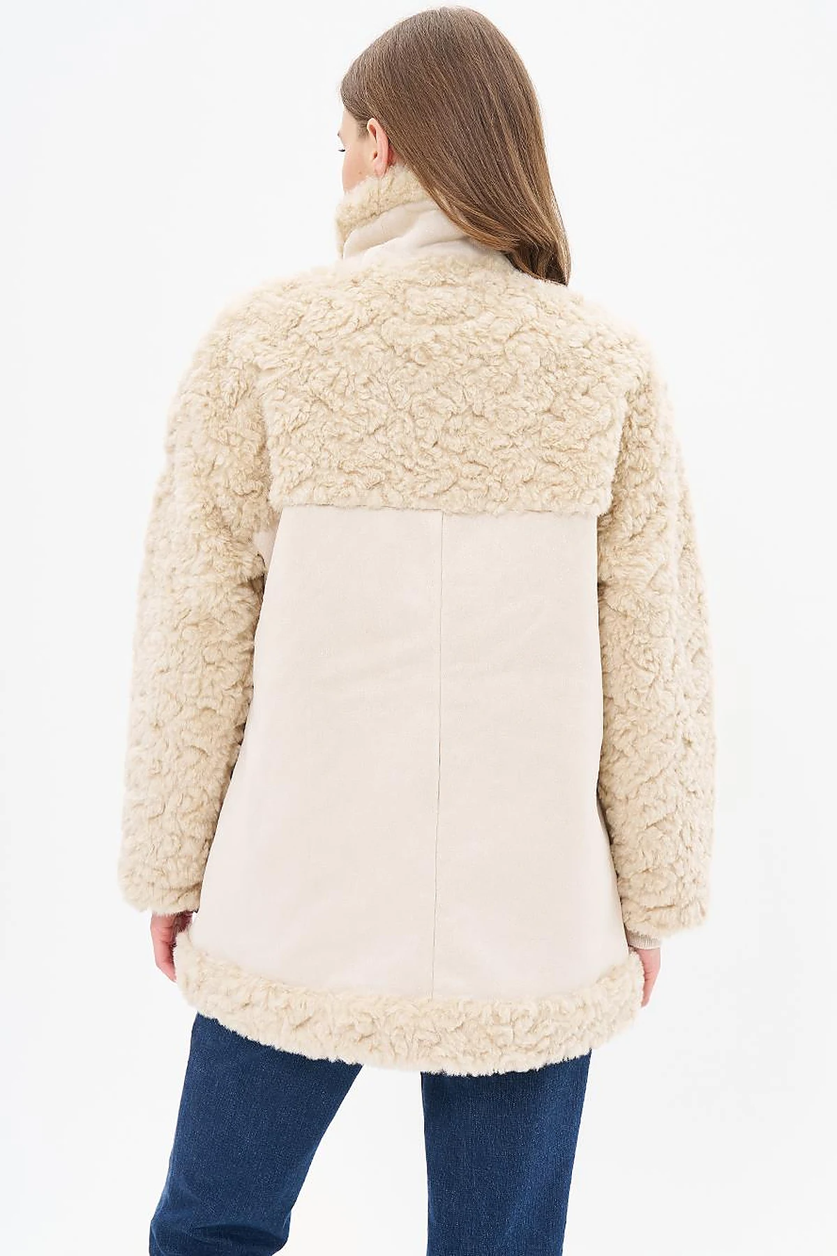 Stand-up Collar Bag Pocket Plush Coat Beige