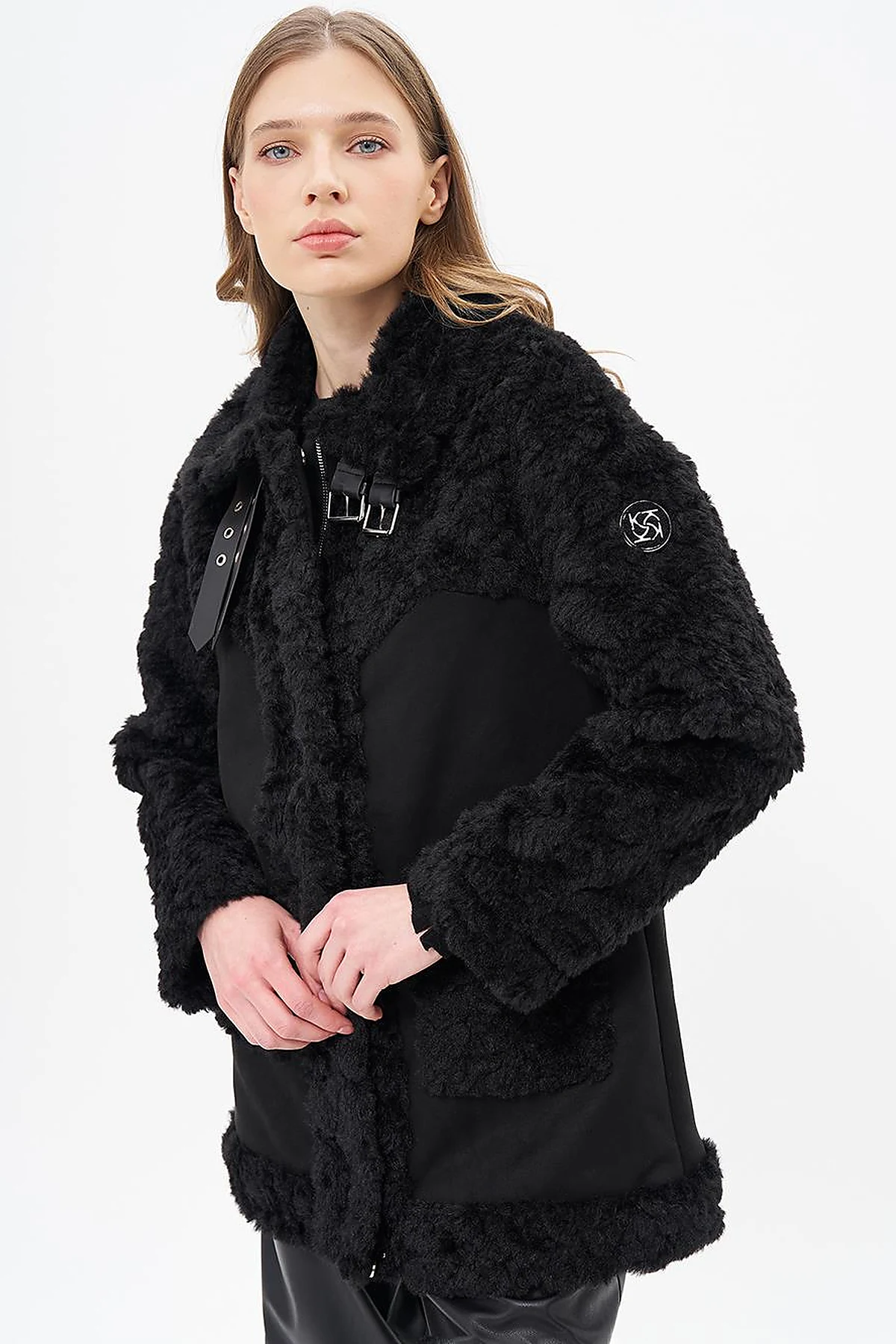 Stand-up Collar Bag Pocket Plush Coat Black