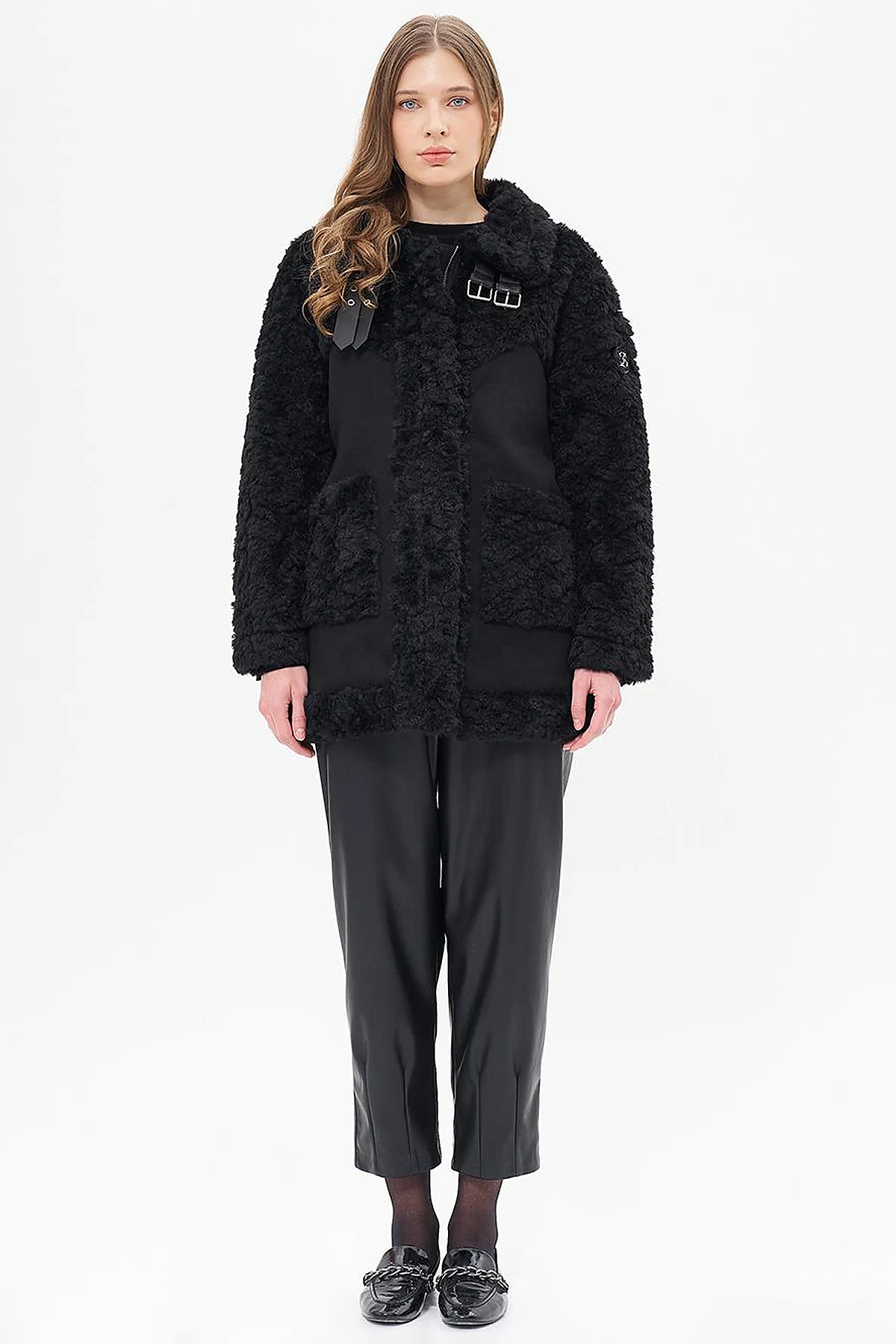 Stand-up Collar Bag Pocket Plush Coat Black