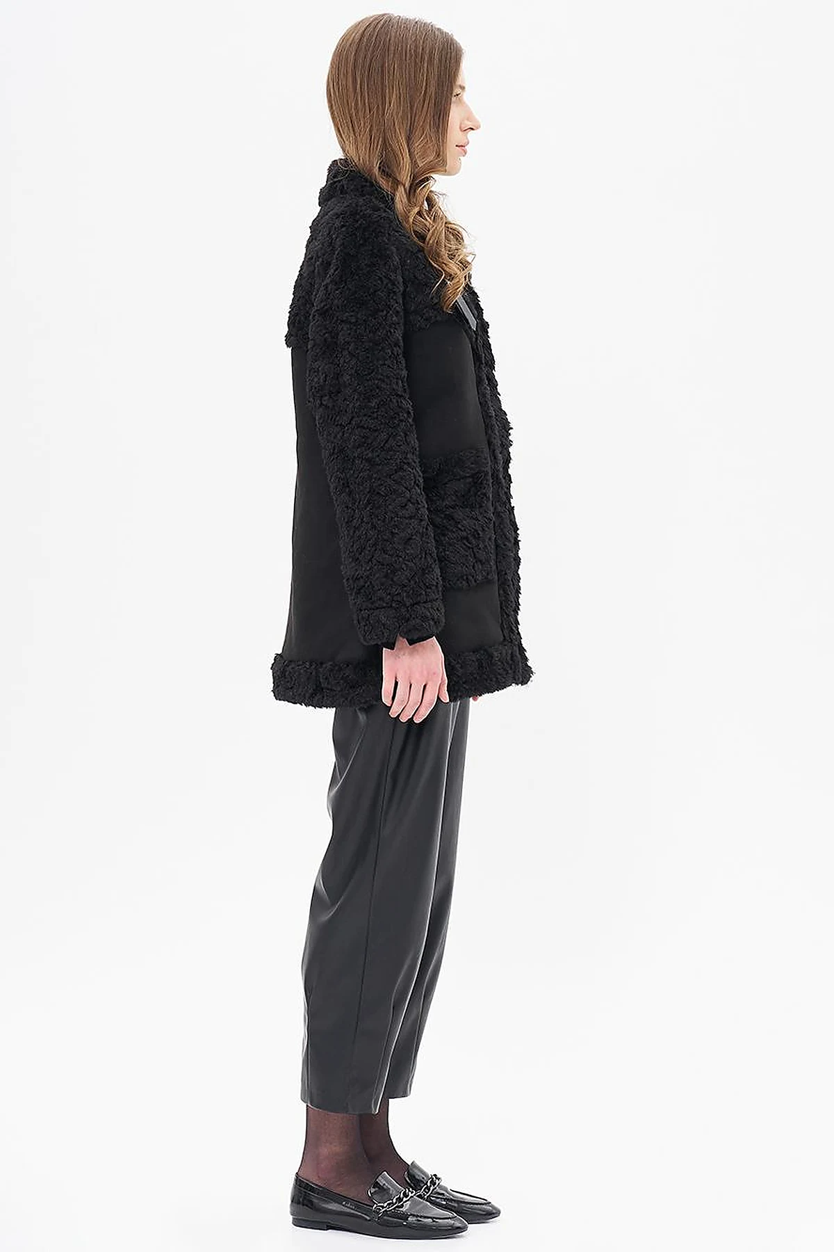 Stand-up Collar Bag Pocket Plush Coat Black