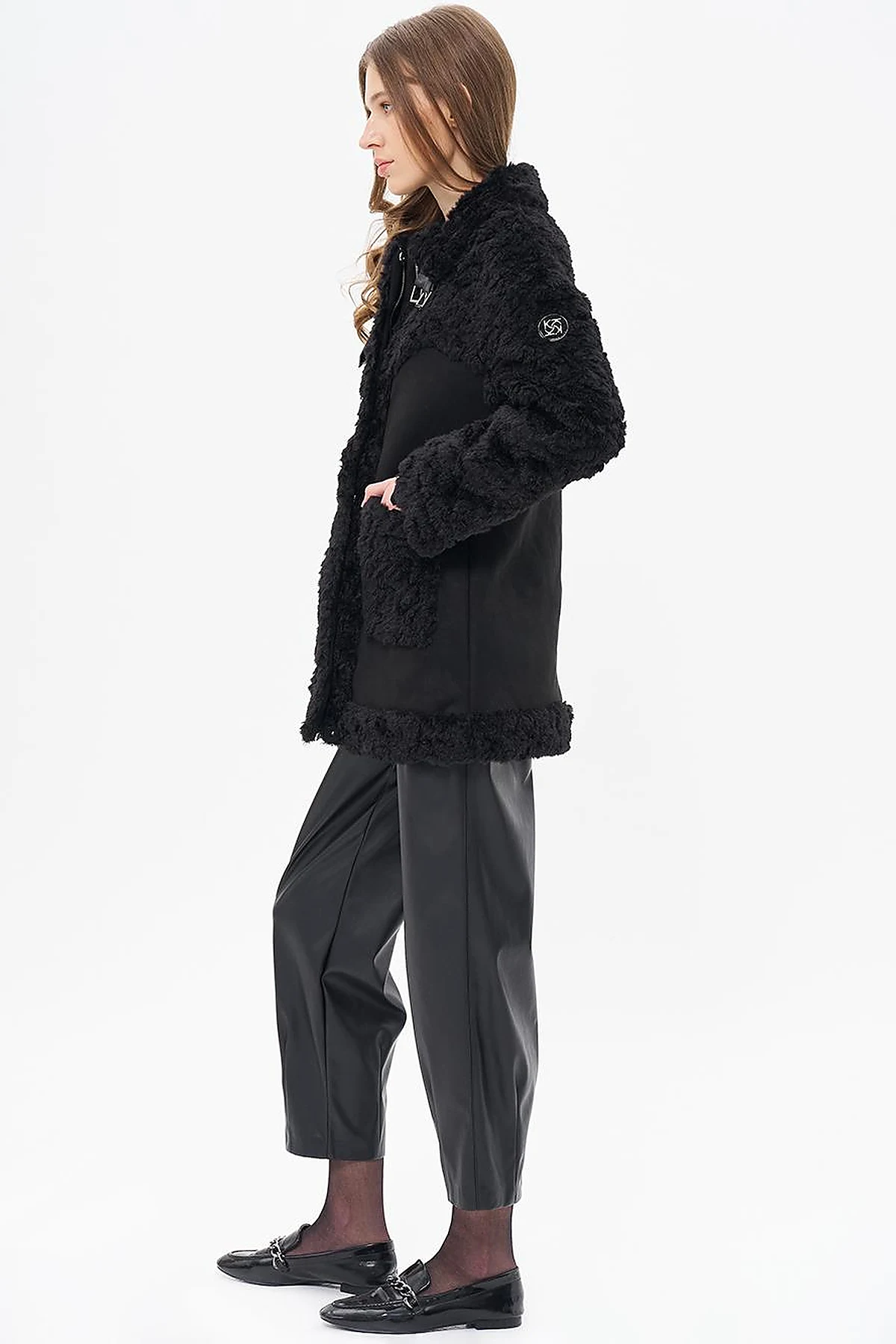 Stand-up Collar Bag Pocket Plush Coat Black