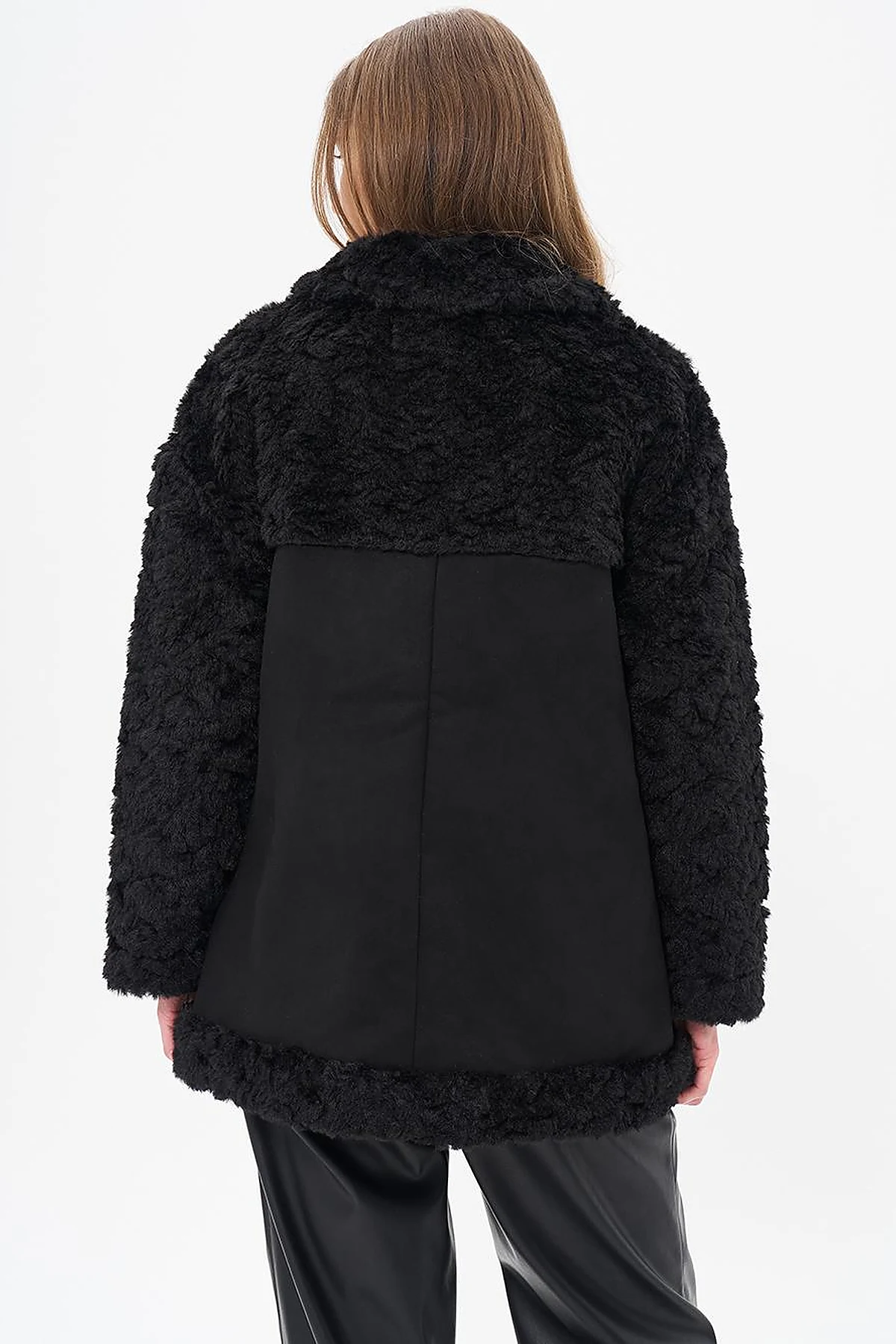 Stand-up Collar Bag Pocket Plush Coat Black