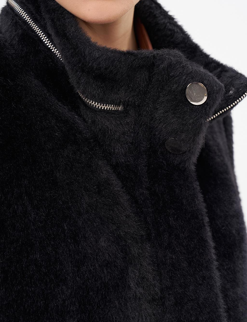 Waist Gathered High Collar Coat Black 